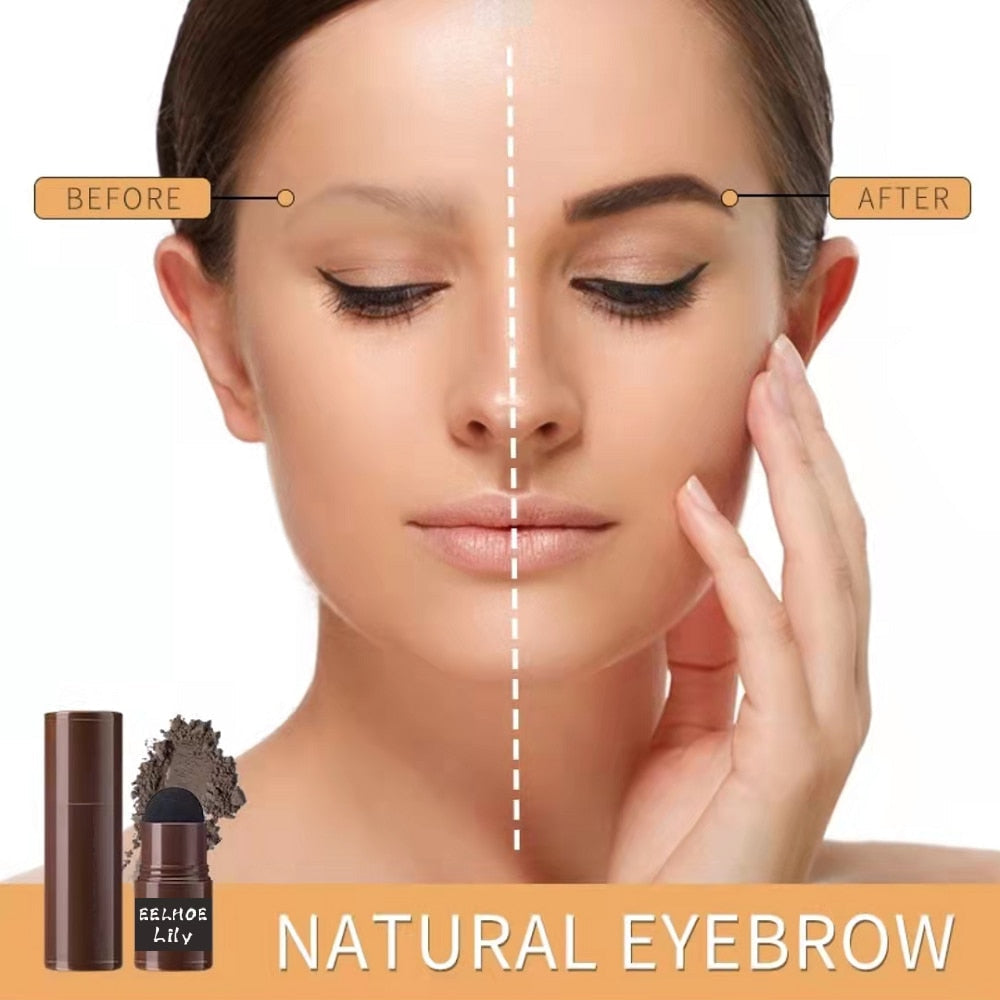 Before and after comparison of PerfectBrow stencil kit showing natural, defined eyebrow shaping results on a woman's face.