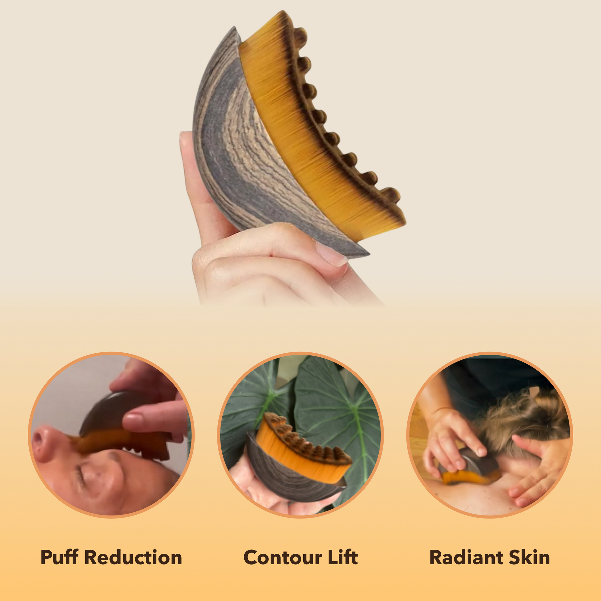 RadiantGlow Lymphatic Facial Brush for puff reduction and contour lift, featuring a wood-grain handle and soft bristles.