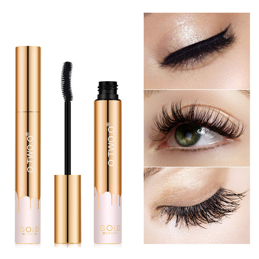 O.TWO.O Gold Fiber Mascara tube and wand next to before and after eye makeup results for volumized, long lashes.