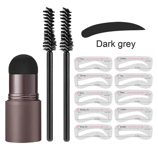 PerfectBrow dark grey eyebrow stencil kit with stamp applicator, two spoolie brushes, and 10 reusable shaping stencils.