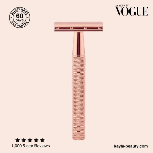 Rose gold Louvrs SmoothShave double edge safety razor with a textured brass handle and zinc alloy head.