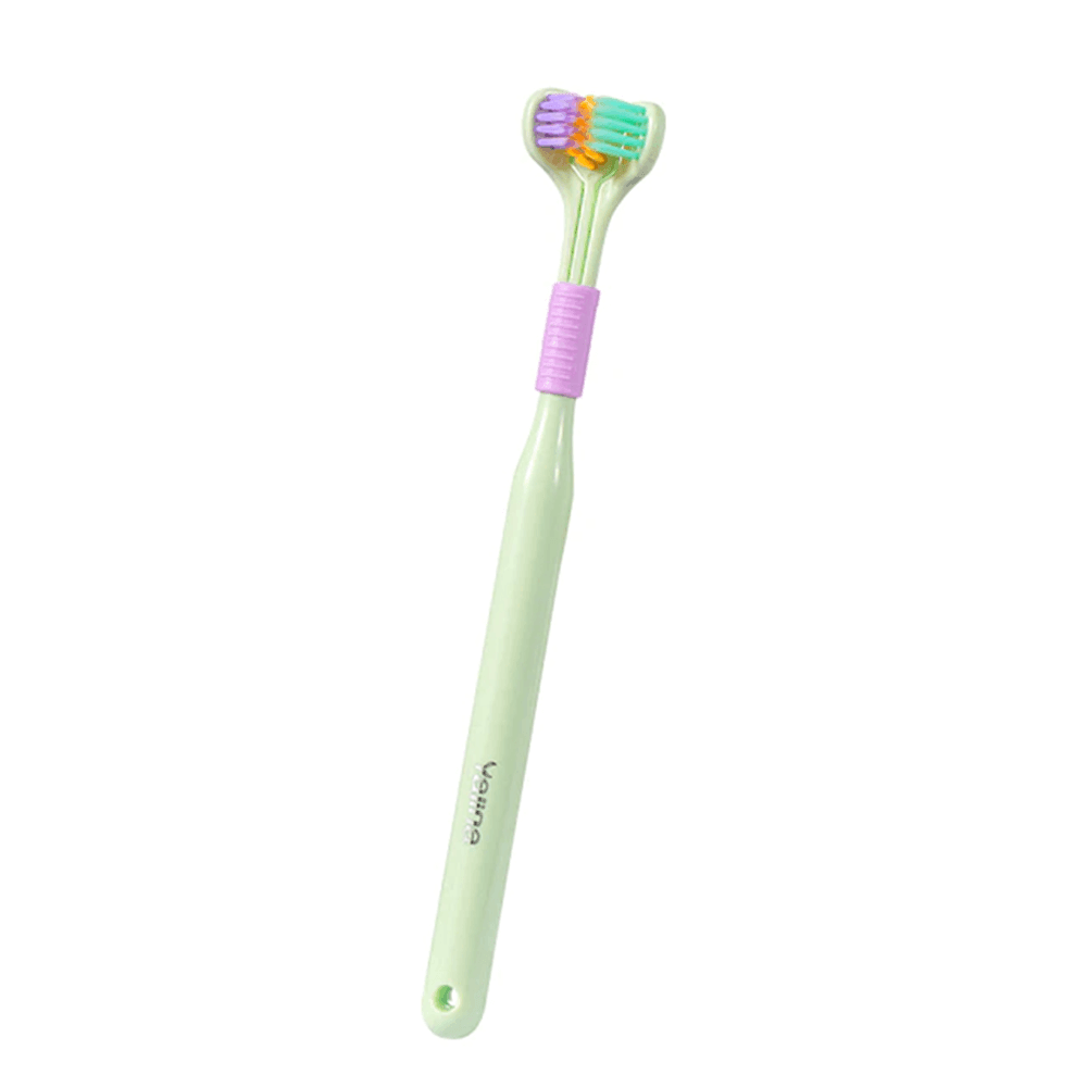 3-sided sensory toothbrush with ergonomic green handle and 360-degree soft bristles for deep cleaning and gum care.