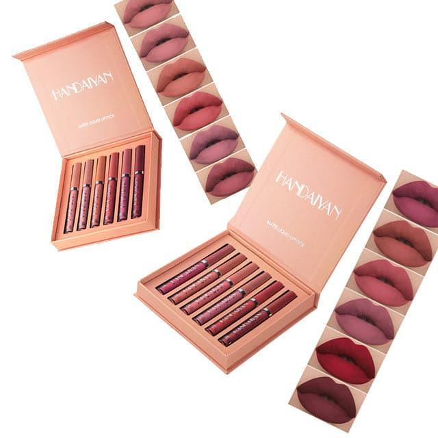 Handaiyan 6-piece matte liquid lipstick set in nude and berry tones with lip swatch examples on a white background.