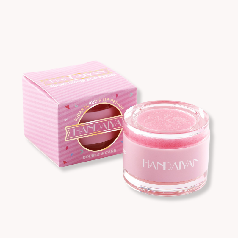 HANDAIYAN 2-in-1 pink sugar scrub and moisturizing lip balm in a clear jar with a matching pink box.