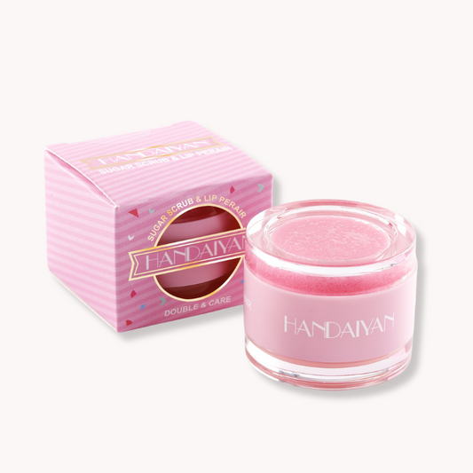 HANDAIYAN 2-in-1 pink sugar scrub and moisturizing lip balm in a clear jar with a matching pink box.