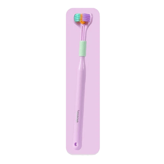 3-sided sensory toothbrush in purple with ergonomic handle and 360-degree soft bristles for deep cleaning.