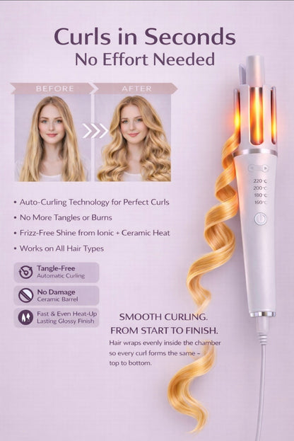 Solara Automatic Hair Curler showing before and after wavy hair results with tangle-free ionic ceramic barrel technology.