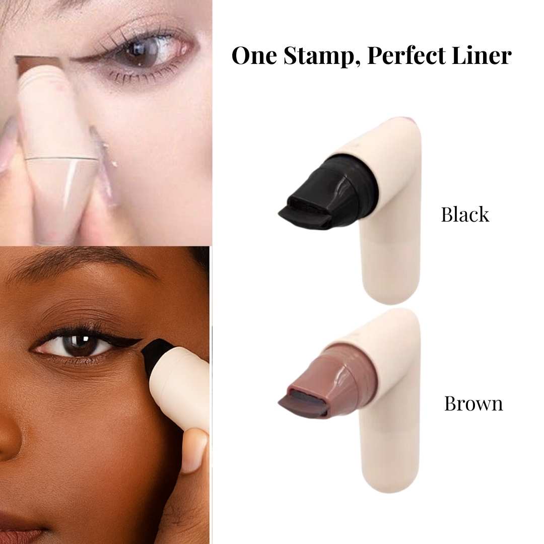 Winged eyeliner stamp in black and brown being applied to eyes for a perfect smudge-proof wing. Two-color applicator set.