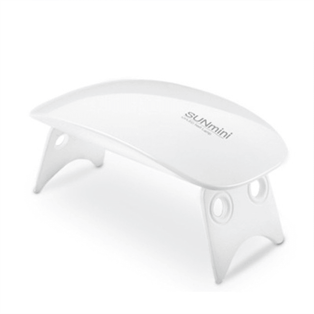 White Sunmini portable UV LED nail lamp for gel polish manicure with fold-out legs on a white background.