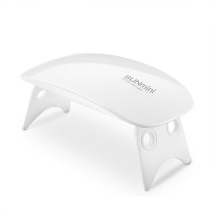 White Sunmini portable UV LED nail lamp for gel polish manicure with fold-out legs on a white background.