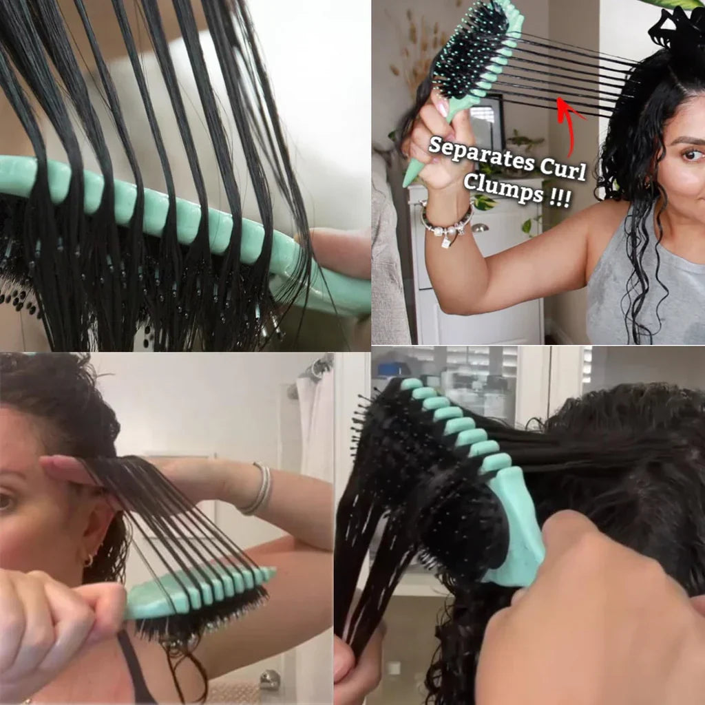 Mint green CurlPro styling brush separating wet hair clumps for curl definition and frizz control on wavy hair.