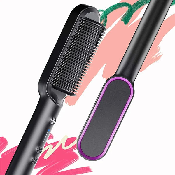 Black Revive Hair Negative Ion Straightening Comb with anti-scald ceramic bristles and purple accent styling plate.