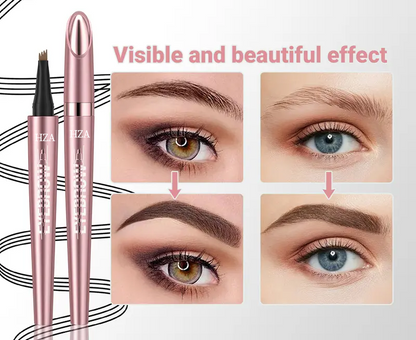 Micro-fork eyebrow pencil with before and after comparison of waterproof, natural hair-like strokes on two models.