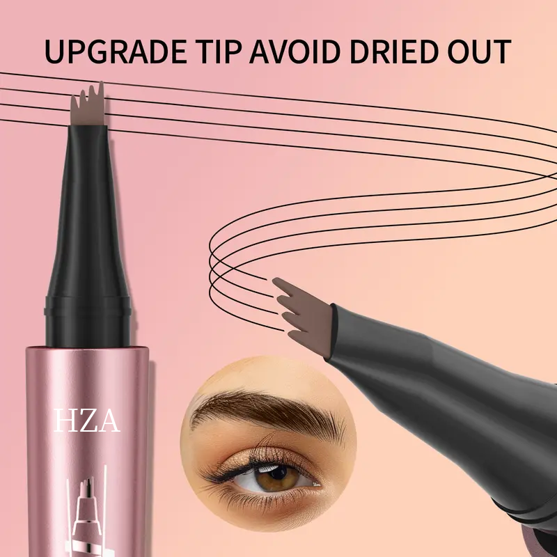 Micro-fork eyebrow pencil with four-pronged tip creating natural hair-like strokes on a woman's groomed eyebrow.