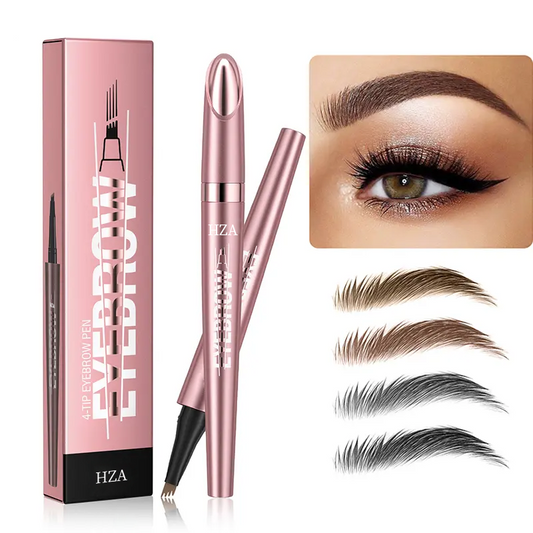 Micro-fork eyebrow pencil in rose gold with 4-tip applicator, packaging, and natural hair-like stroke shade swatches.
