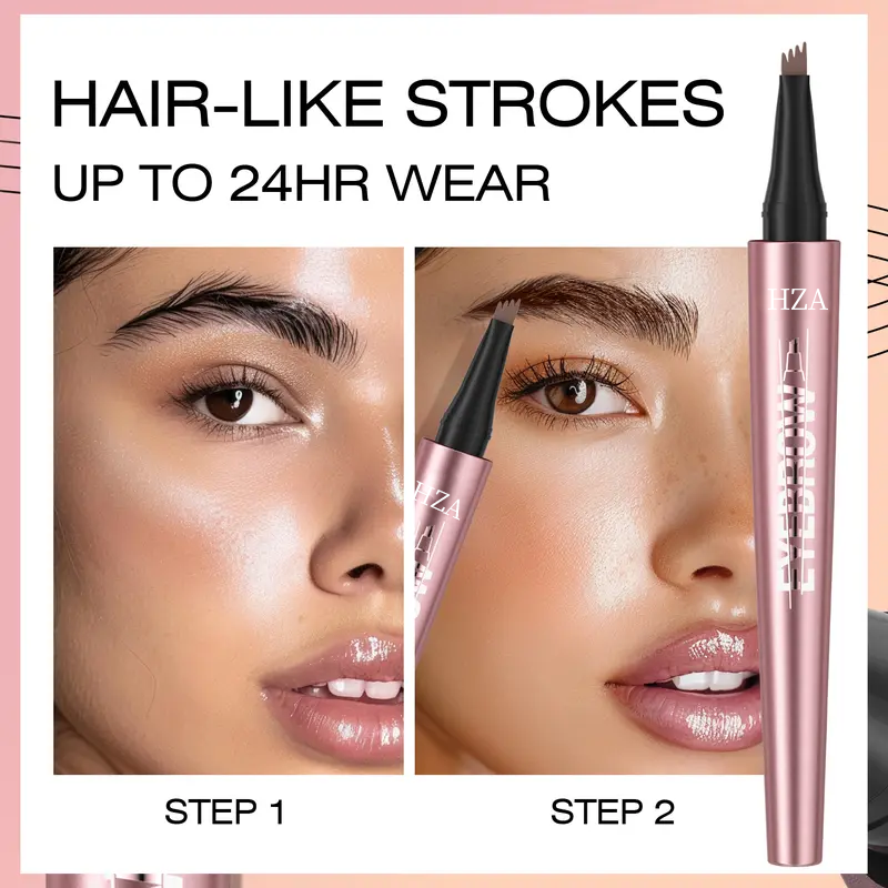 Before and after micro-fork eyebrow pencil application on model showing natural hair-like strokes and 24hr wear.