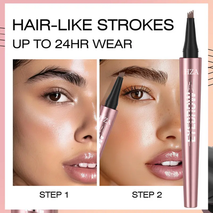 Before and after micro-fork eyebrow pencil application on model showing natural hair-like strokes and 24hr wear.