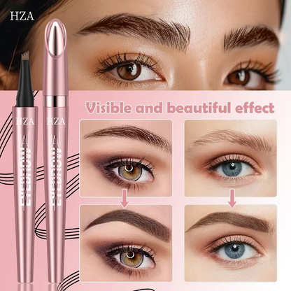 HZA Micro-Fork Eyebrow Pencil in pink with microblading tip, showing before and after natural hair-like stroke results.