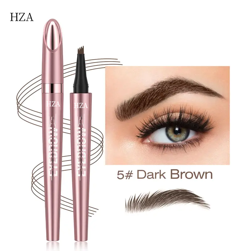 Micro-fork eyebrow pencil in 5# Dark Brown with four-prong tip next to a model with natural hair-like strokes.