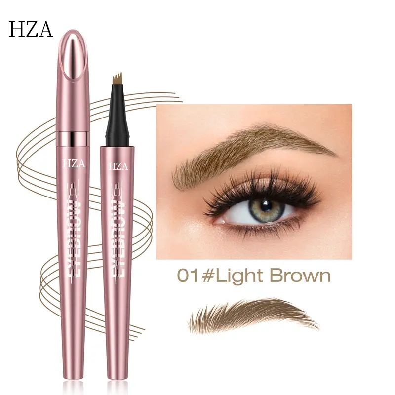 Micro-fork eyebrow pencil in Light Brown showing natural hair-like strokes on a model for waterproof eye makeup.