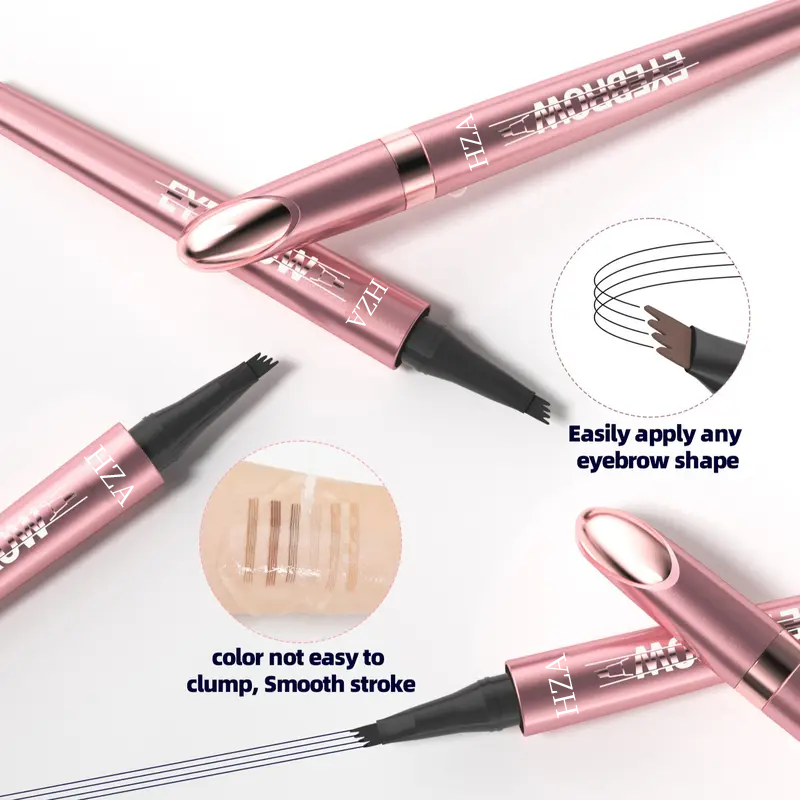 Pink micro-fork eyebrow pencils showing hair-like stroke applicators and waterproof skin swatches for natural brows.