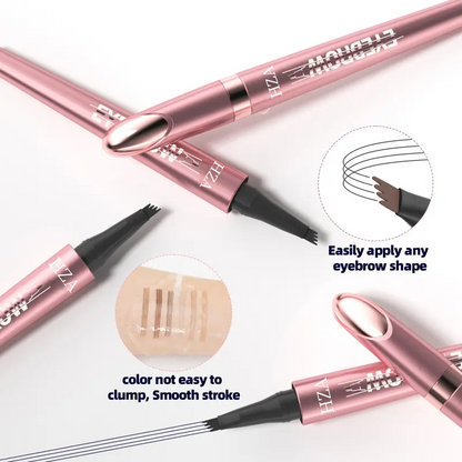 Pink micro-fork eyebrow pencils showing hair-like stroke applicators and waterproof skin swatches for natural brows.