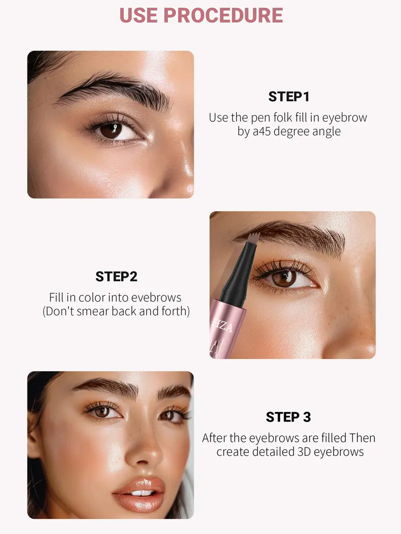 3-step tutorial using a micro-fork eyebrow pencil to create natural, 3D hair-like strokes for defined eyebrows.