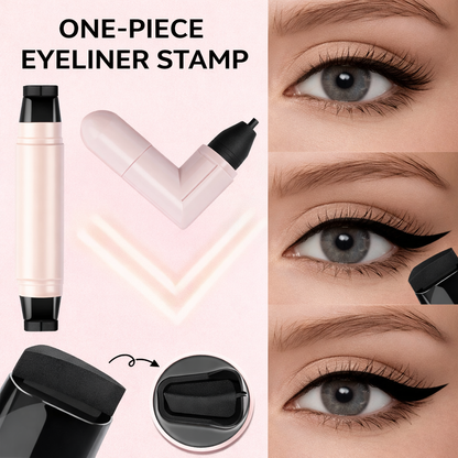 Waterproof winged eyeliner stamp pen with 90-degree bend showing application steps for perfect cat-eye flick.