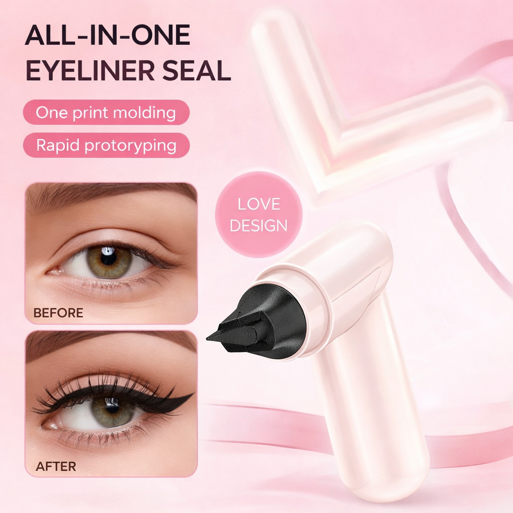 Before and after comparison of a winged eyeliner stamp on a model's eye, featuring a pink love design eyeliner seal tool.