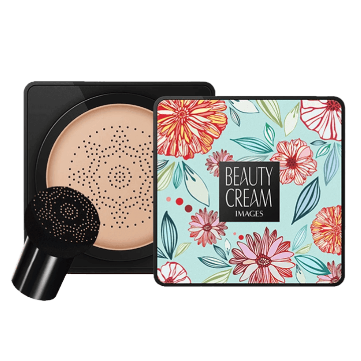 Water-resistant beauty base foundation cushion with mushroom head sponge applicator in floral compact.