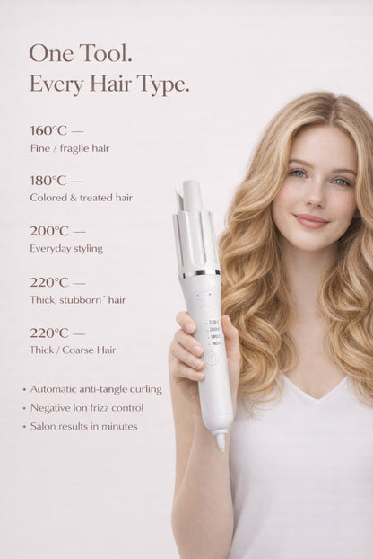 Solara Automatic Hair Curler with five heat settings for all hair types, featuring a tangle-free ceramic barrel design.