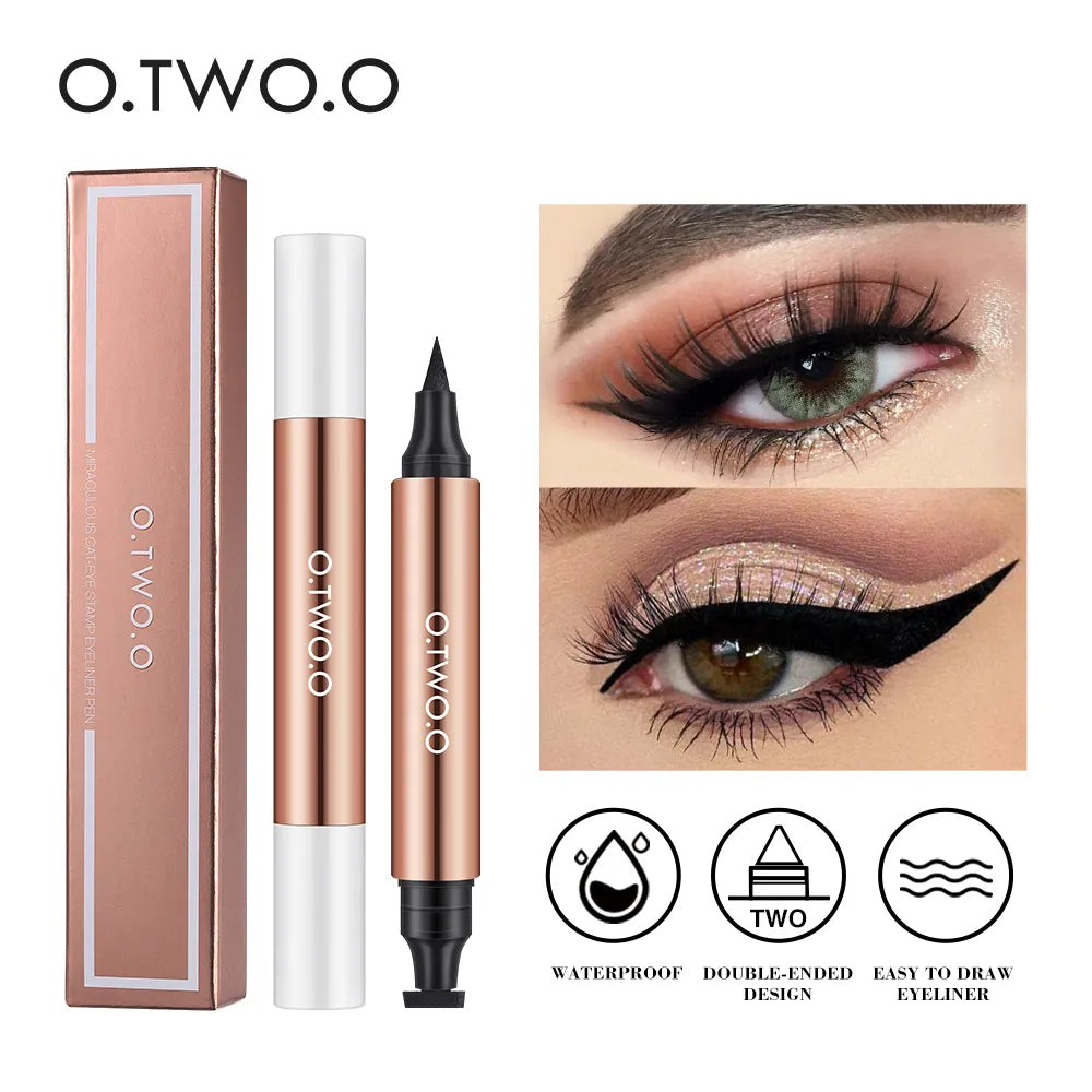 O.TWO.O Dual-Action Winged Eyeliner Stamp and rose gold pen with cat-eye makeup application examples.