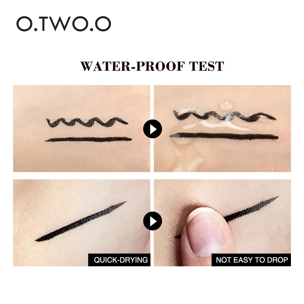 O.TWO.O waterproof eyeliner test showing smudge-proof, quick-drying black liquid liner swatches on skin.