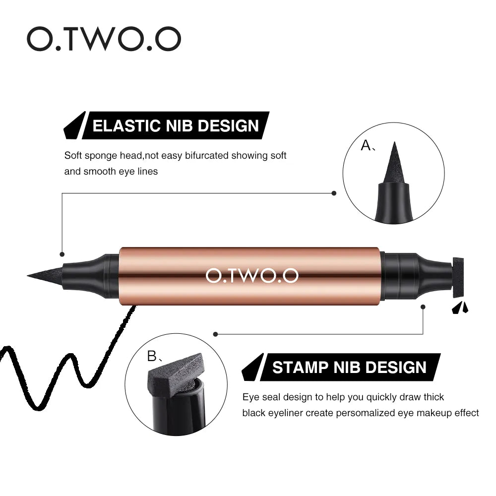 Dual-ended rose gold Cleopatra eyeliner stamp by O.TWO.O featuring an elastic felt-tip nib and winged cat-eye stamp.
