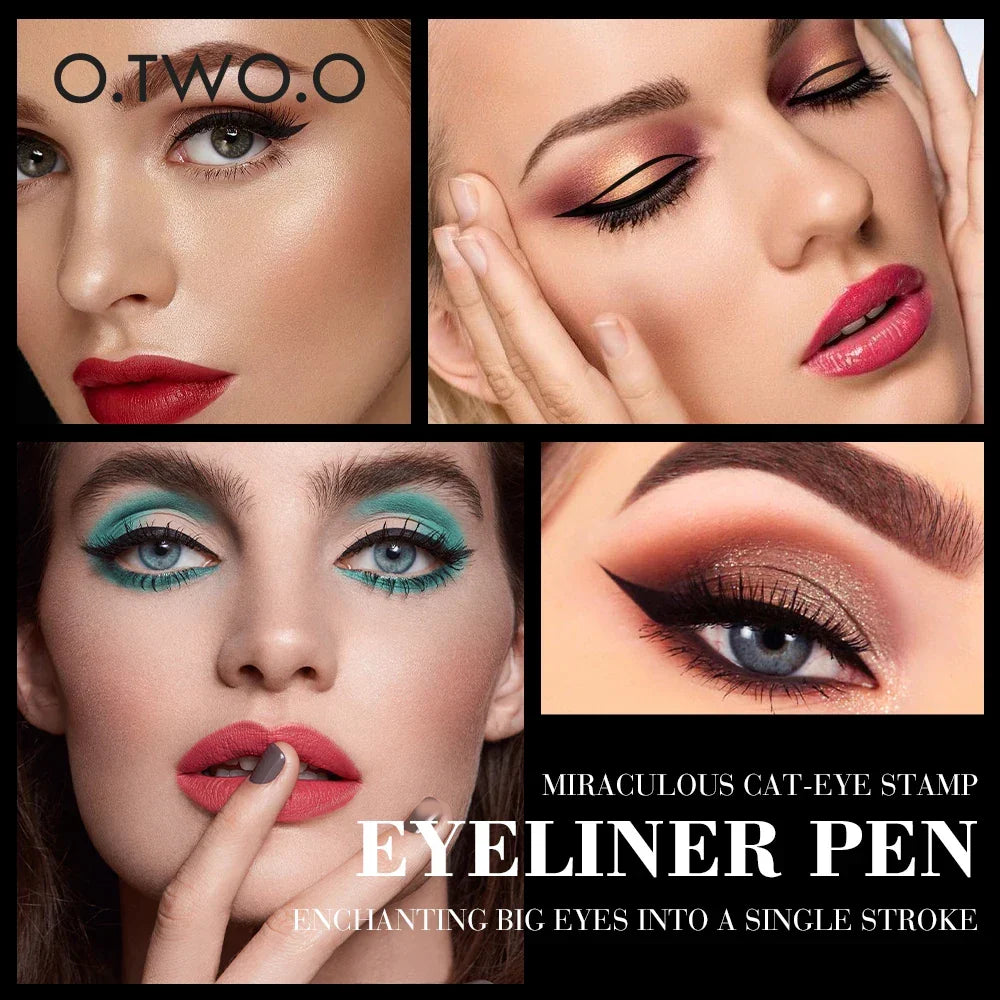 Four models showcasing various cat-eye winged eyeliner looks using the dual-action precision eyeliner stamp pen.