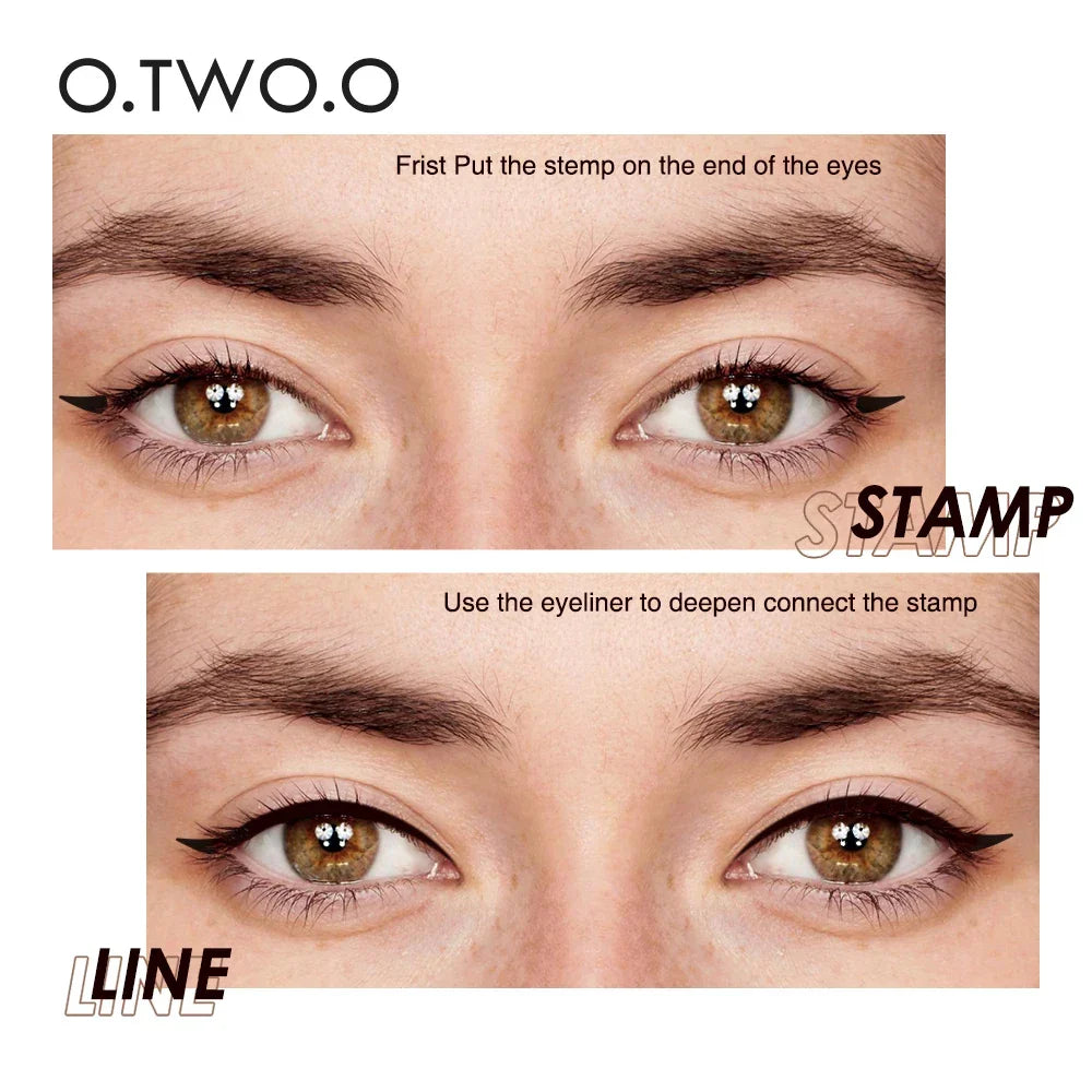 Two-step guide showing how to use the winged eyeliner stamp and precision pen for a perfect cat-eye look.