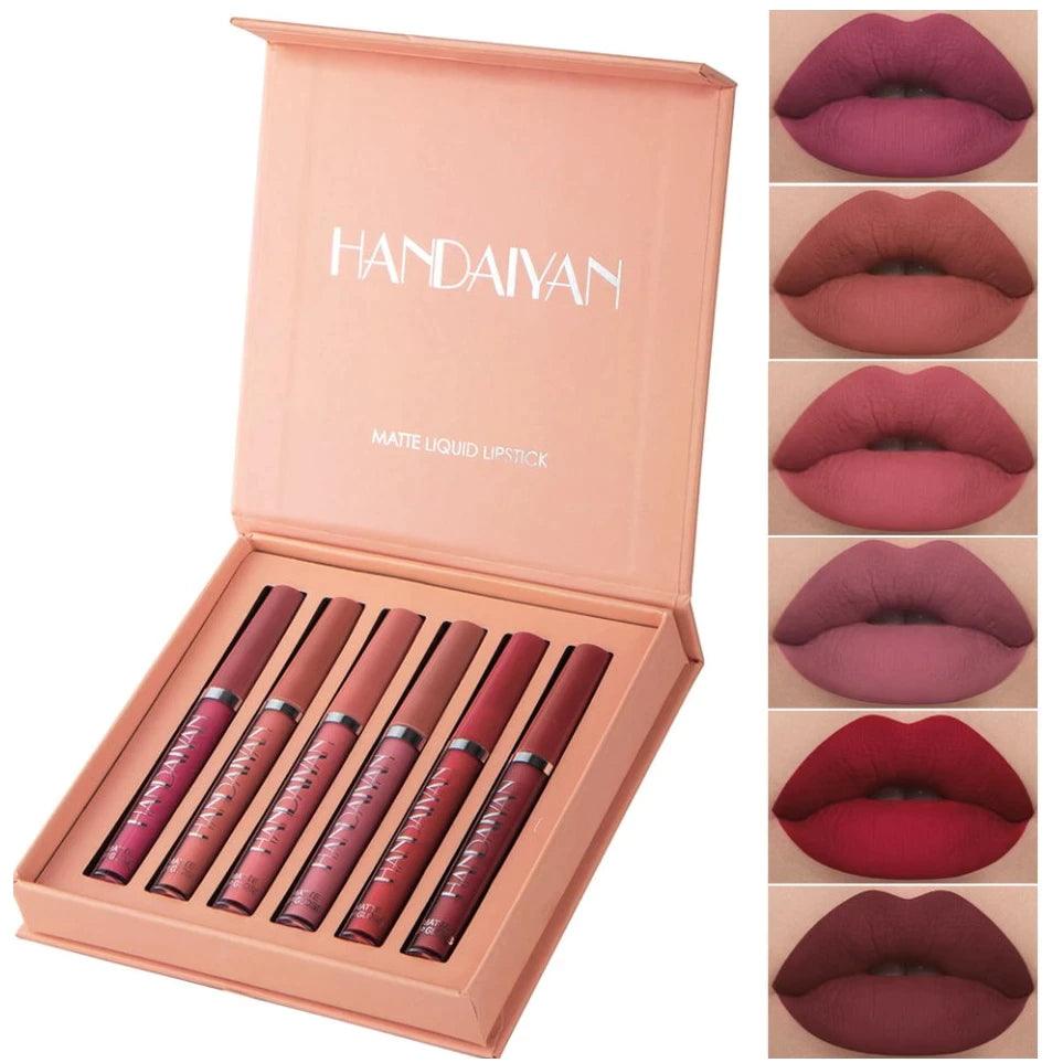 Handaiyan 6-piece matte liquid lipstick kit in pink gift box with swatches showing berry, rose, and red lip colors.
