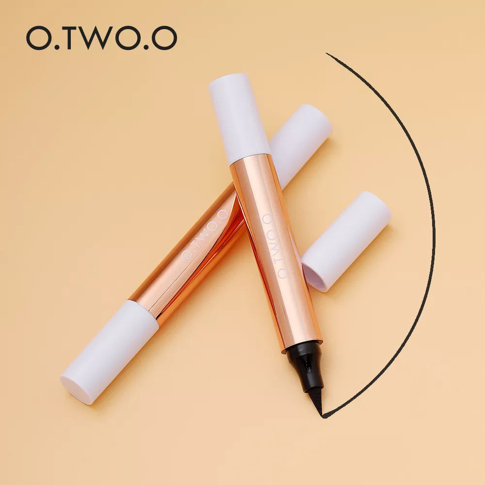 O.TWO.O rose gold dual-action eyeliner stamp and precision tip pens for waterproof, smudge-proof winged cat-eye looks.