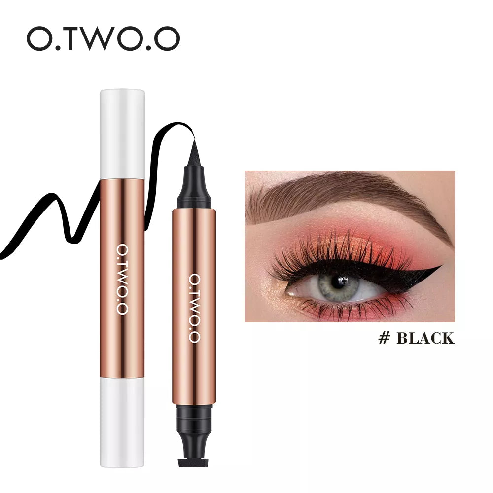 O.TWO.O Dual-Action Black Eyeliner Stamp and fine tip pen in rose gold, shown with a waterproof cat-eye winged look.