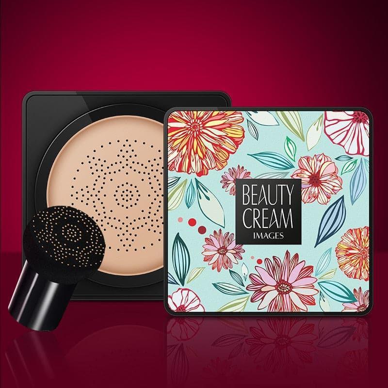 Water-resistant beauty base foundation cushion cream with floral compact case and mushroom head applicator sponge.