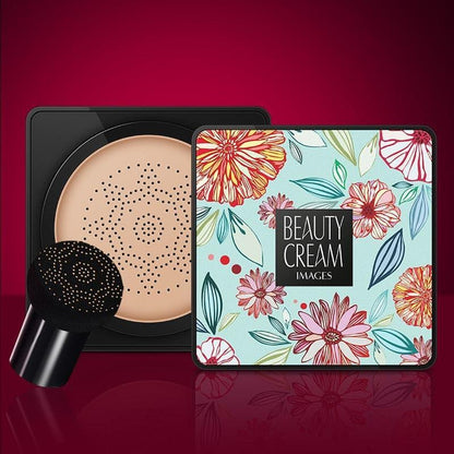 Water-resistant beauty base foundation cushion cream with floral compact case and mushroom head applicator sponge.