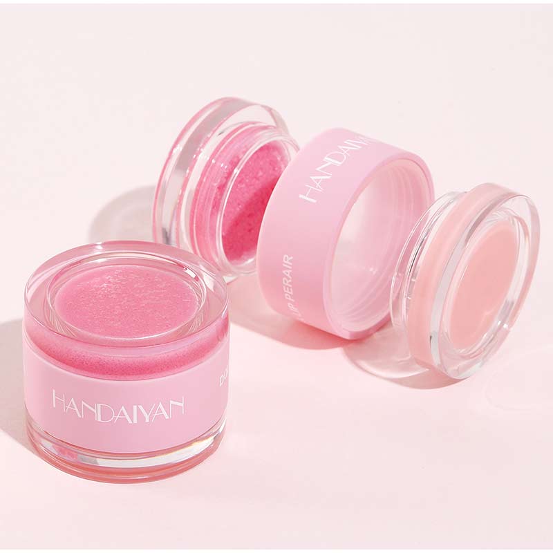 HANDAIYAN 2-in-1 pink exfoliating lip scrub and moisturizing lip balm jars for smooth, hydrated lips.