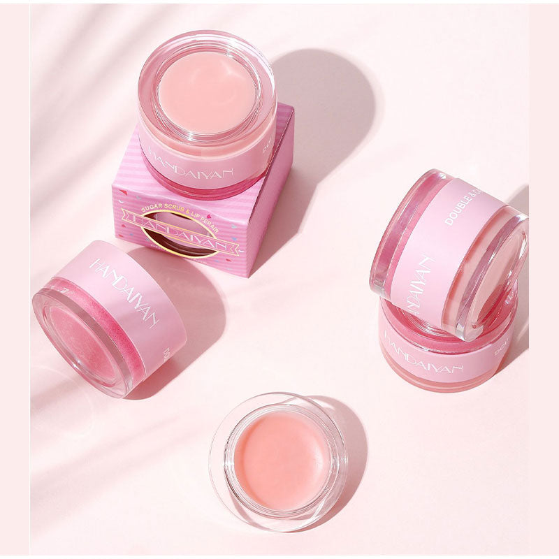 HANDAIYAN 2-in-1 moisturizing pink lip scrub and balm jars with box, showcasing smooth exfoliating and hydrating textures.