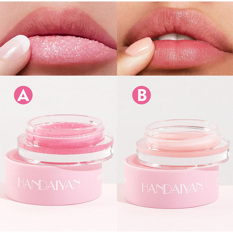 Before and after using HANDAIYAN 2-in-1 lip care: sugar lip scrub (A) and moisturizing lip balm (B) for smooth lips.