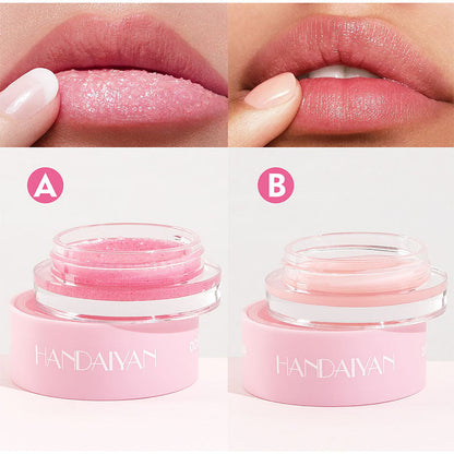 Before and after using HANDAIYAN 2-in-1 lip care: sugar lip scrub (A) and moisturizing lip balm (B) for smooth lips.