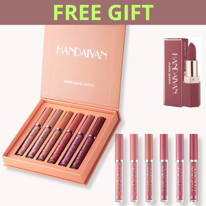 Handaiyan 6-piece matte liquid lipstick set in nude and pink tones with a bonus velvet matte lipstick gift.