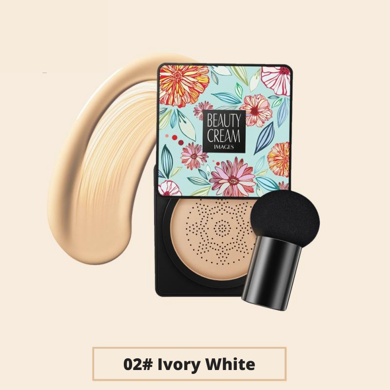 Ivory White Water-Resistant Beauty Base Foundation Cream with mushroom head sponge applicator and texture swatch.