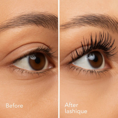 Before and after application of Lashique Metal Wand Mascara showing increased volume and length on lashes.