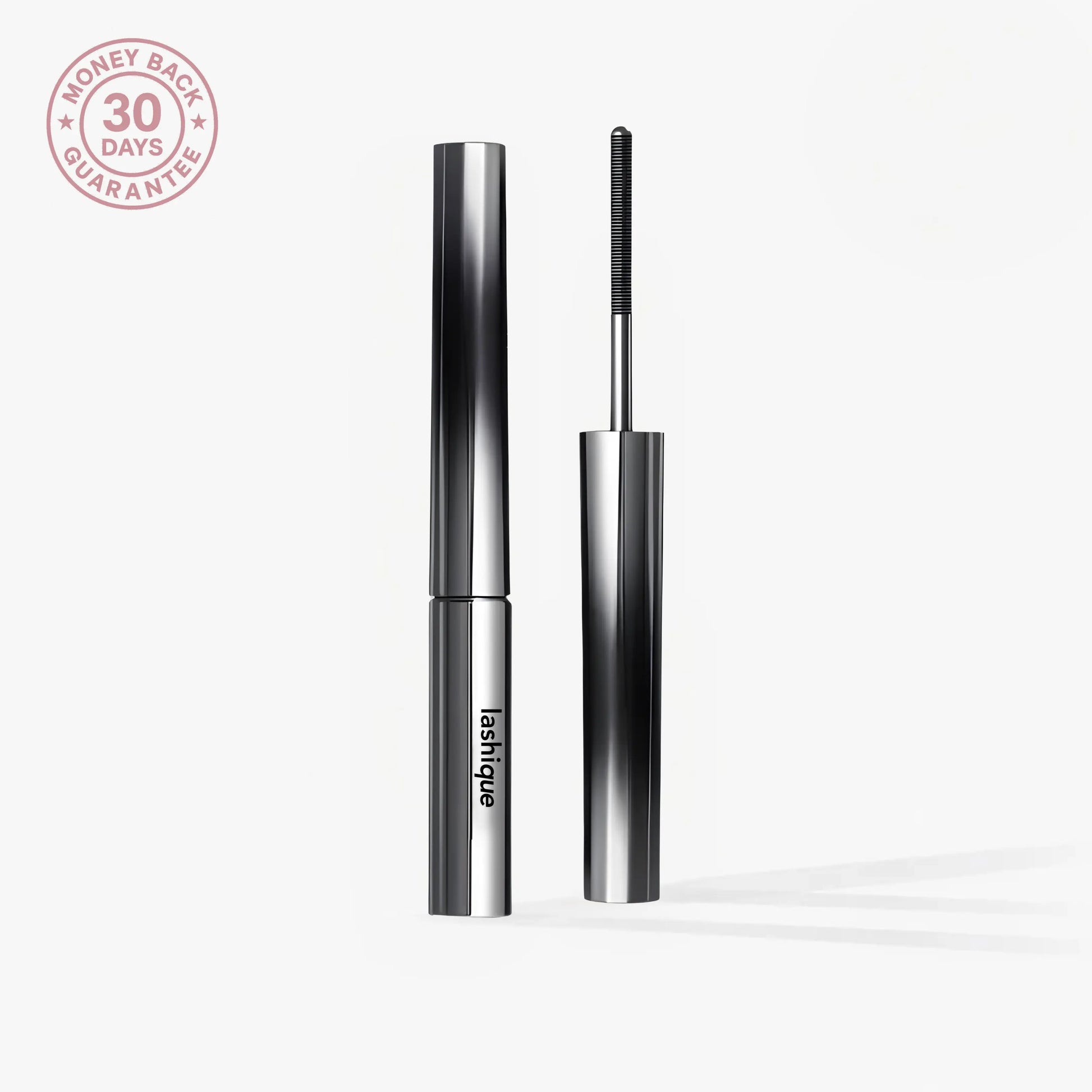 Lashique Metal Wand Mascara in Midnight Black with precision applicator and 30-day money back guarantee seal.