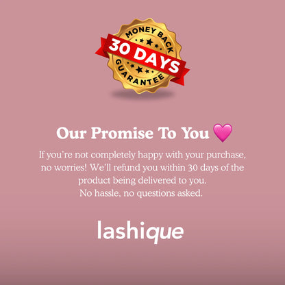 Lashique 30-day money-back guarantee seal and brand promise infographic for metal wand mascara.